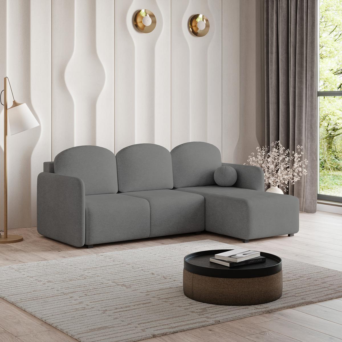 ECKSOFA SUVINO Grau Geflochtener Stoff mit Schlaffunktion - Grau, Holz (230/143cm) - MASSENO