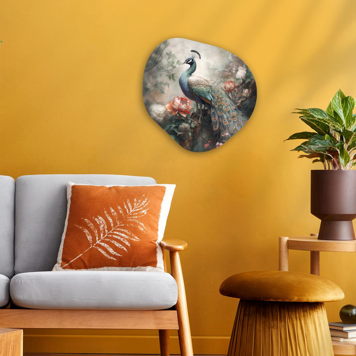 WANDBILD Pfau - Pfauenfedern - Vogel - Dschungel - Blumen Wanddeko 40x40 cm - Smaragdgrün, Kunststoff (40/40cm) - MuchoWow