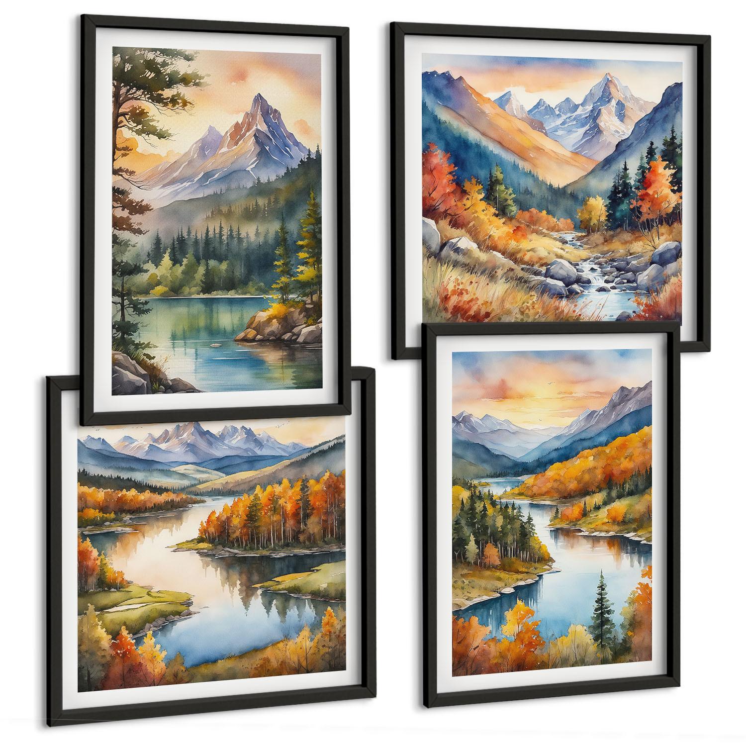 BILDER SET 4er Set - 50x50 cm & 40x60 cm Schwarzer Rahmen - Berglandschaften mit einem Fluss - Schwarz, Kunststoff (50/50cm) - TULUP
