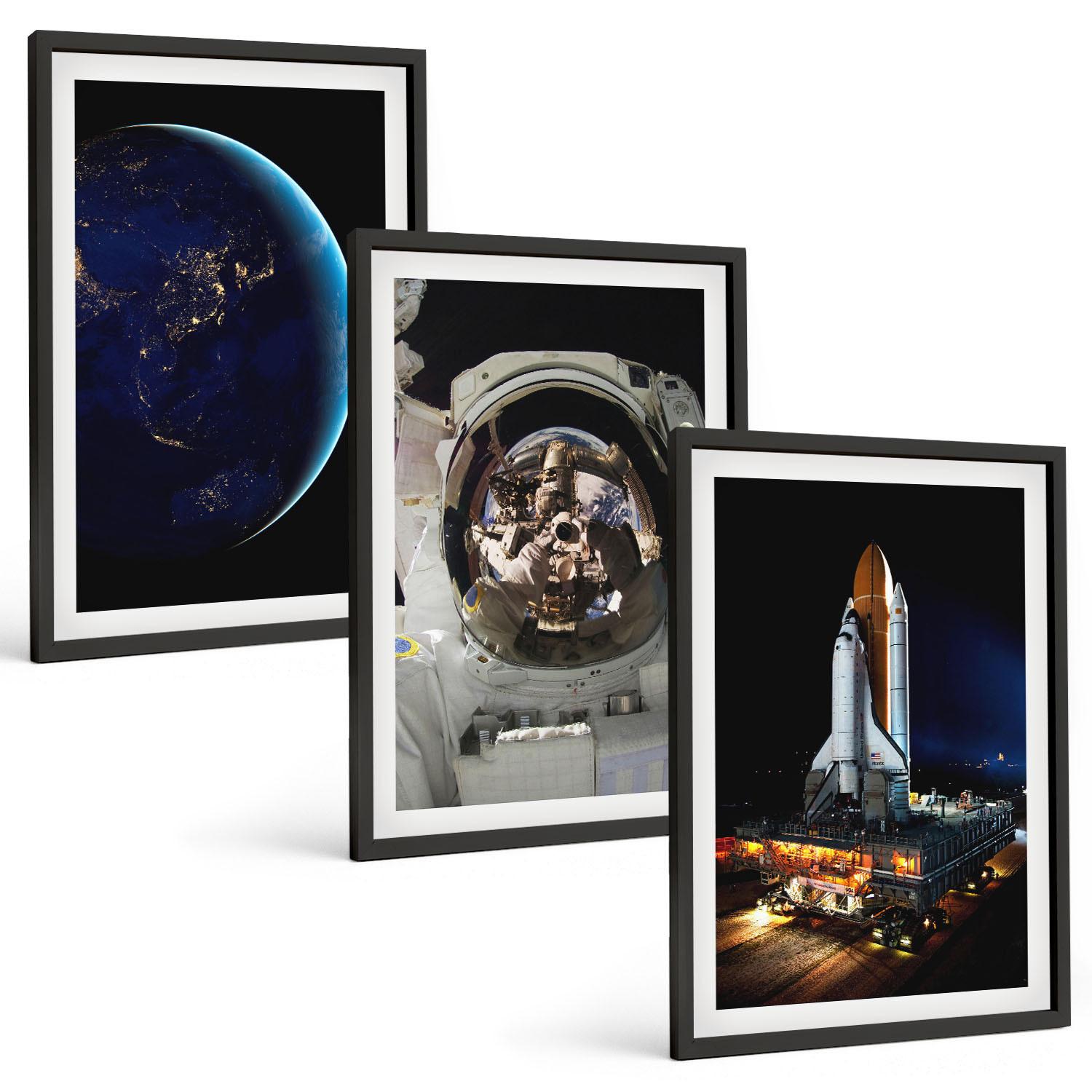 BILDER SET 3er Set - 40x60 cm Schwarzer Rahmen - Weltraum Erde Astronaut Rakete - Schwarz, Kunststoff (40/60cm) - TULUP