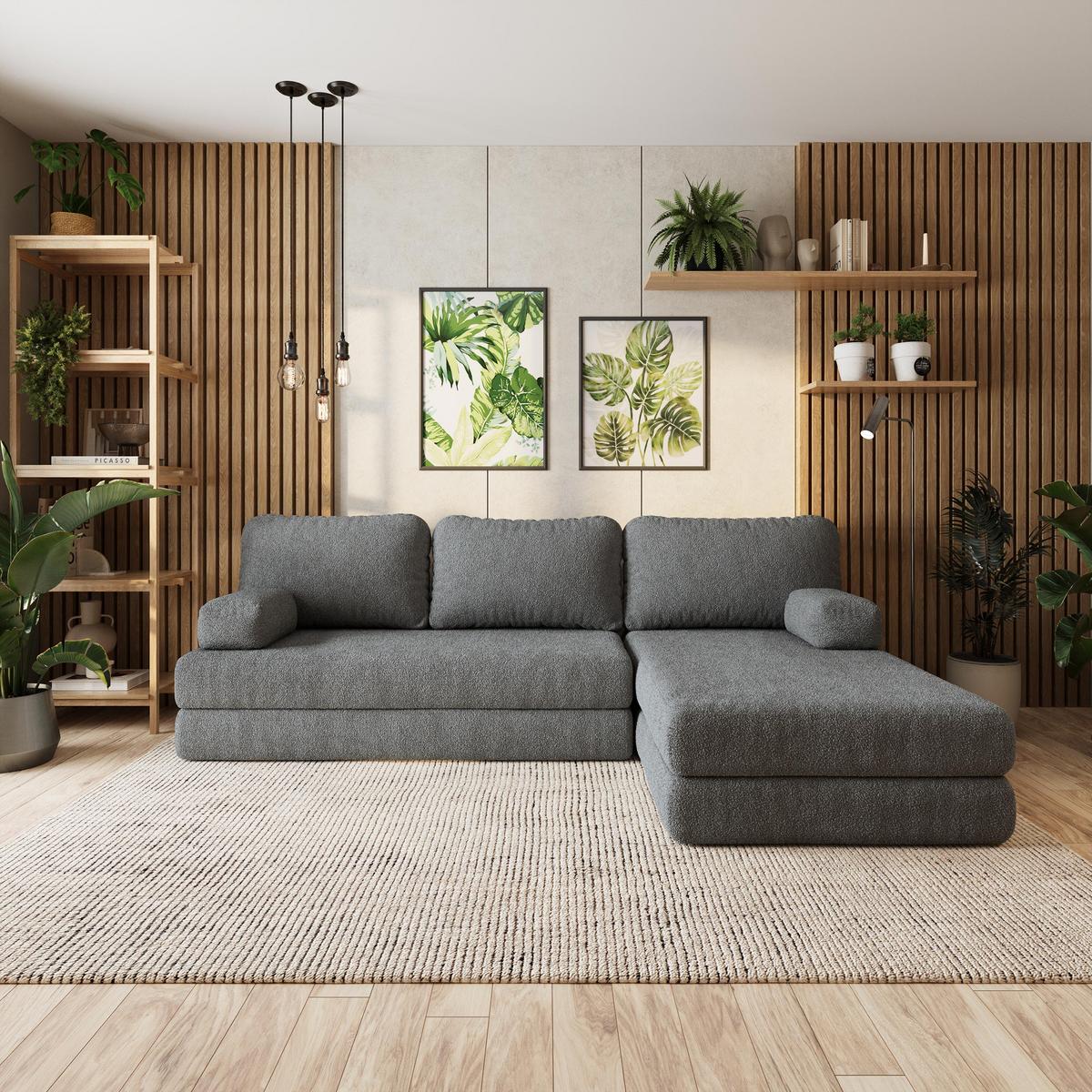 ECKSOFA LEA modulares Boneless Sofa mit Schlaffunktion Grau Boucle-Stoff - Grau, Textil (270/160cm) - MASSENO
