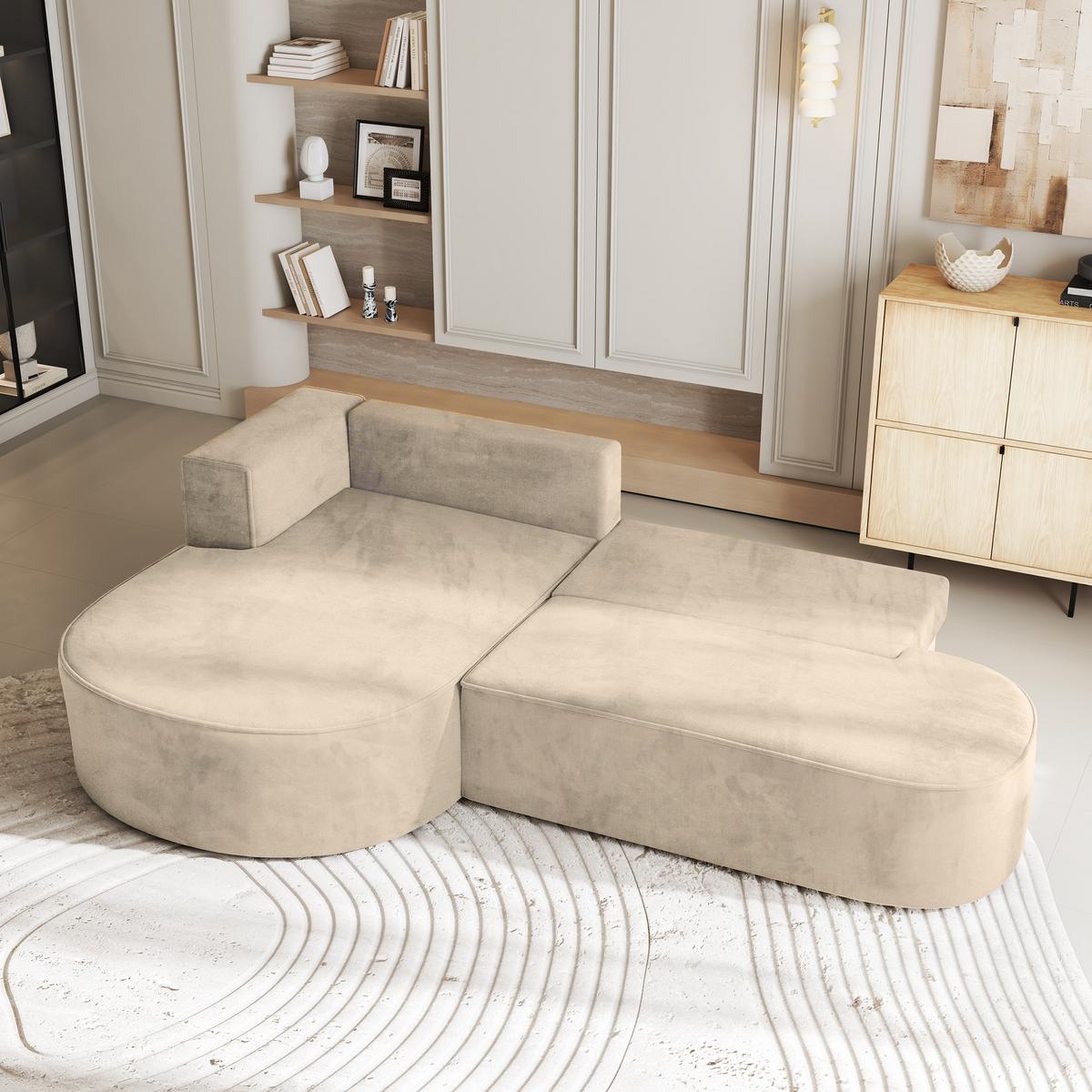 ECKSOFA CORTIO M L-S Creme Velours-Stoff mit Schlaffunktion - Creme/Grau, Holz/Kunststoff (265/174cm) - MASSENO