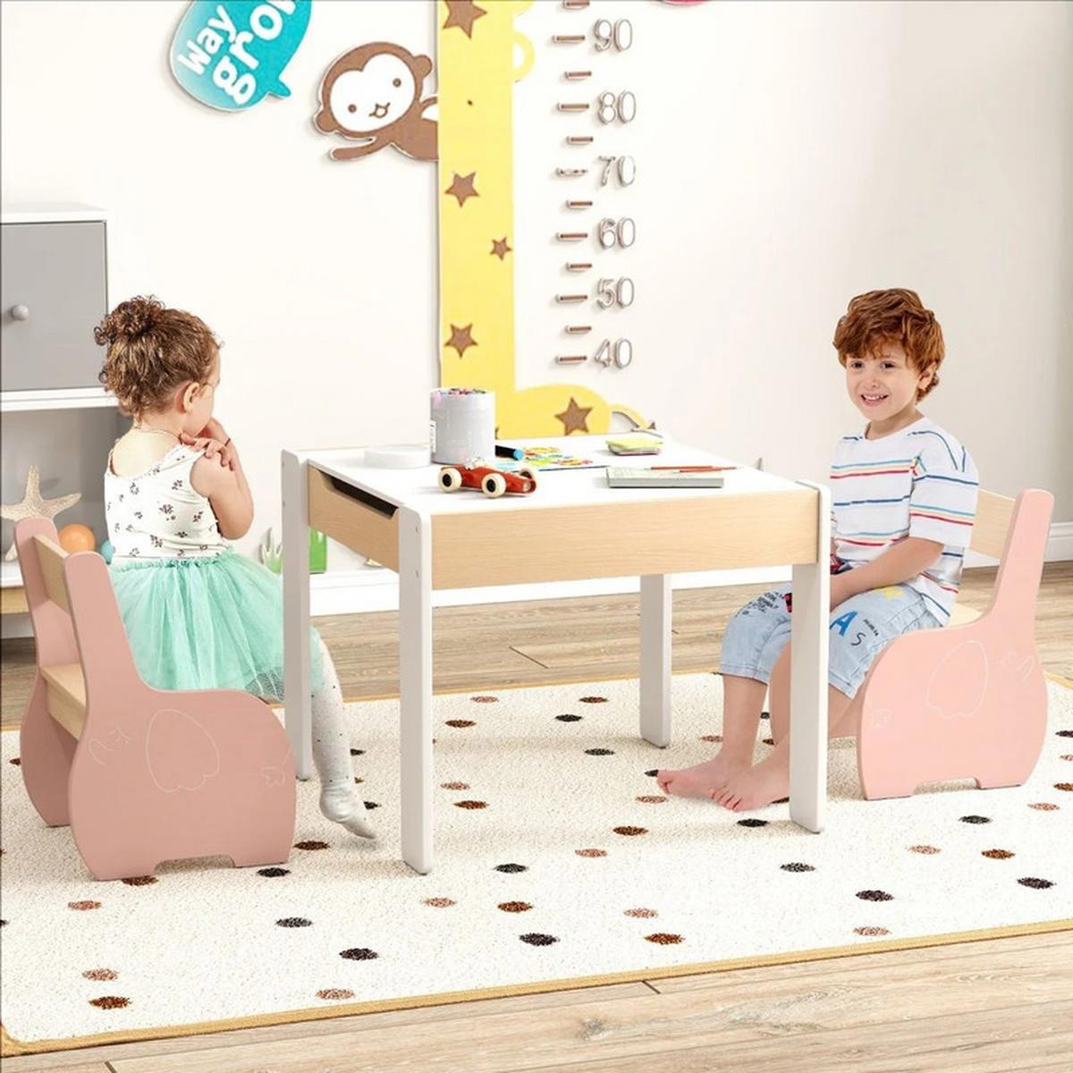 KINDERTISCH mit Stuhl rosa(3-tlg) - Pink, Holzwerkstoff (63.5/48/61.5cm) - COSTWAY