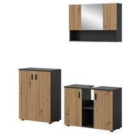 BADMÖBEL-SET Eiche, grau 3-teilig 155 cm, Badmöbel mit Rillen, Livia - Schwarz/Eiche Artisan, Glas/Holzwerkstoff (155/180/30cm) - Inn.Furn