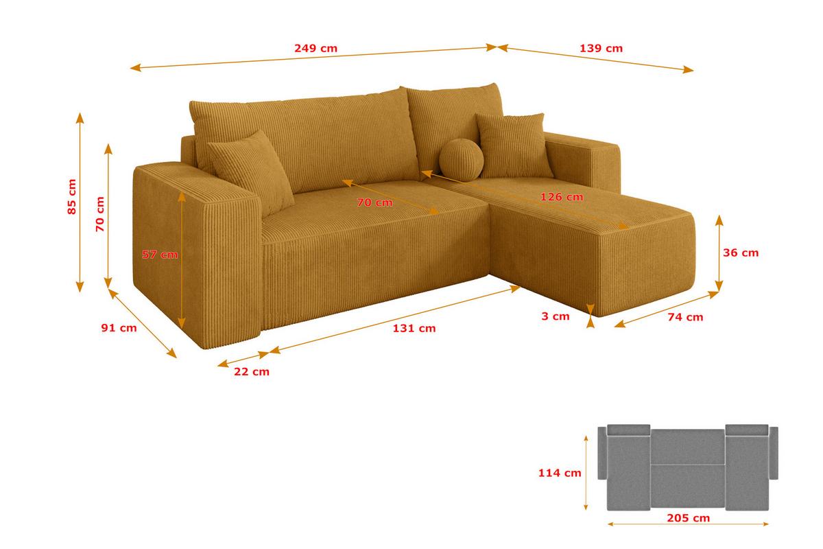 ECKSOFA mit Schlaffunktion Ottomane Rechts SENO-L 249x139x85 Senfgelb Cord - Dunkelgelb/Schwarz, Holzwerkstoff/Kunststoff (249/139cm) - ALTDECOR