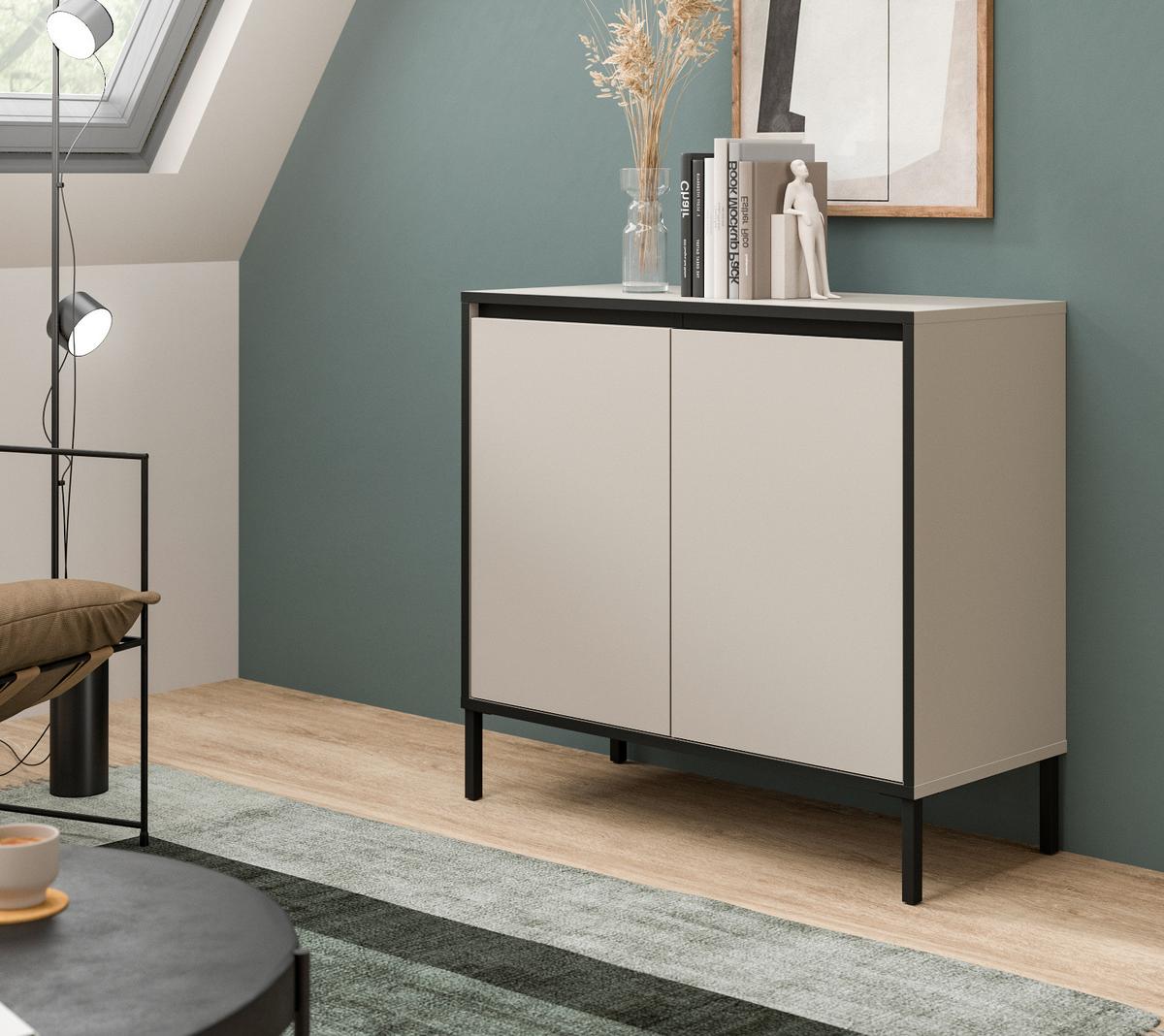 KOMMODE Sand / Kaschmit mit Schwarz, 2-türiges Sideboard mit 4 Fächern 92 x 83 cm - Sandfarben/Kaschmir, Holzwerkstoff/Metall (83/83/38cm) - Inn.Furn