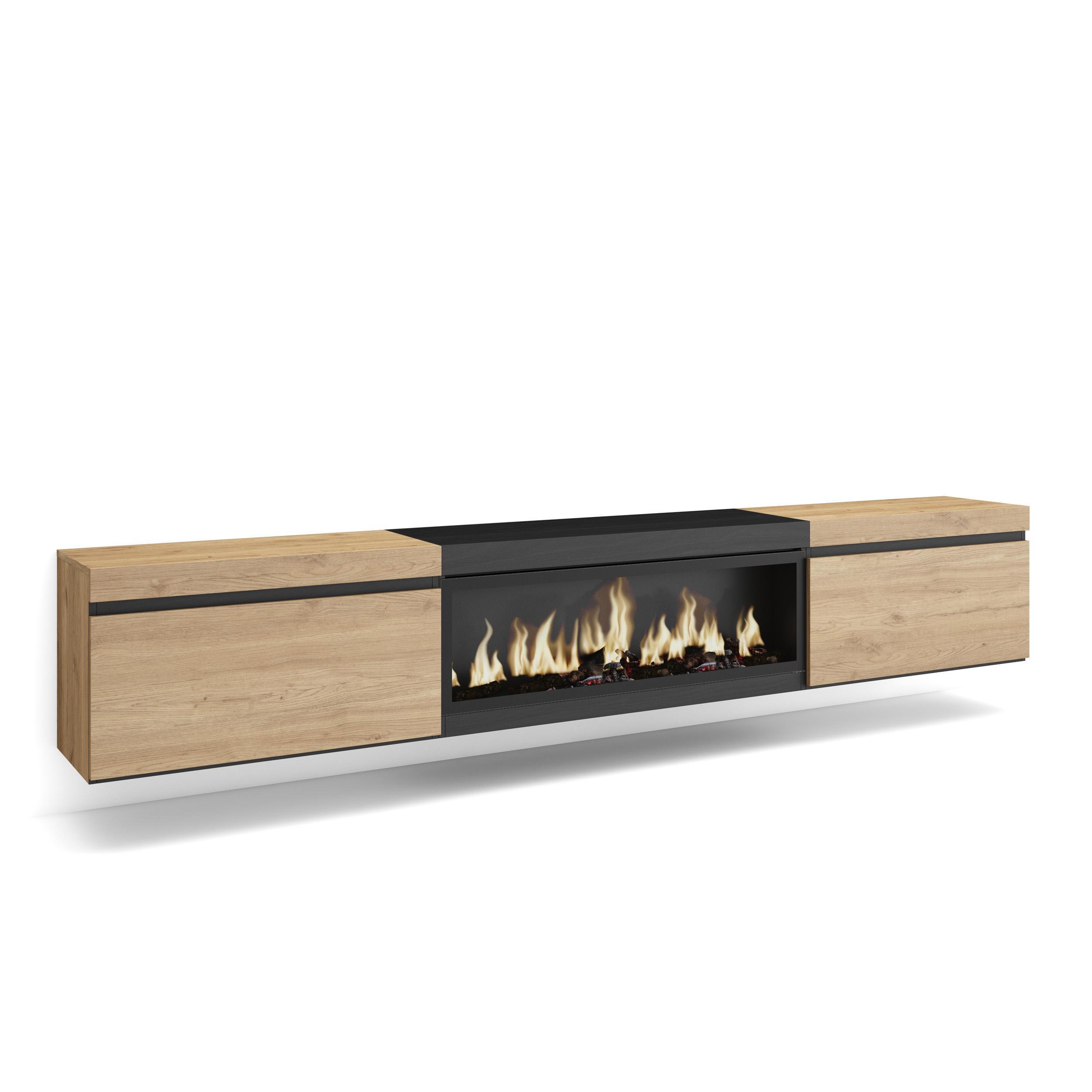 LOWBOARD, mit Elektrokamin XXL, Hängend, Eiche, Schwarz, 267/35/45cm - Eichefarben/Schwarz, Holzwerkstoff (267/45/35cm) - Skraut Home