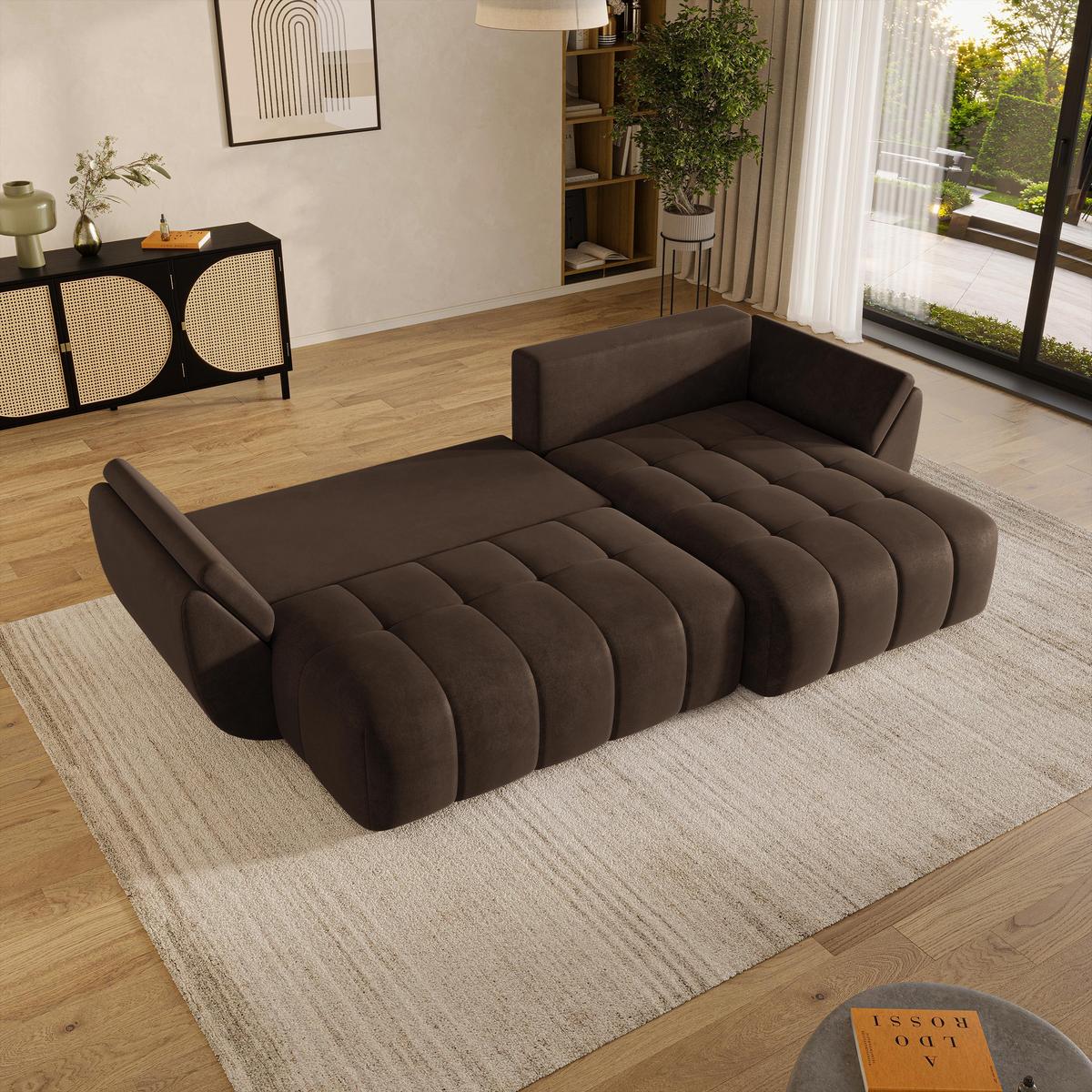 ECKSOFA OLSI Braun Velours-Stoff mit Schlaffunktion - Braun, Holz (285/148cm) - MASSENO