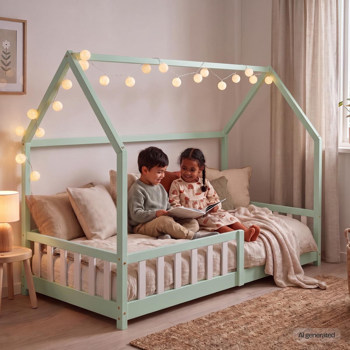 HAUSBETT Hesel - Weiß/Mintgrün, Holz (90/200cm) - [en.casa]