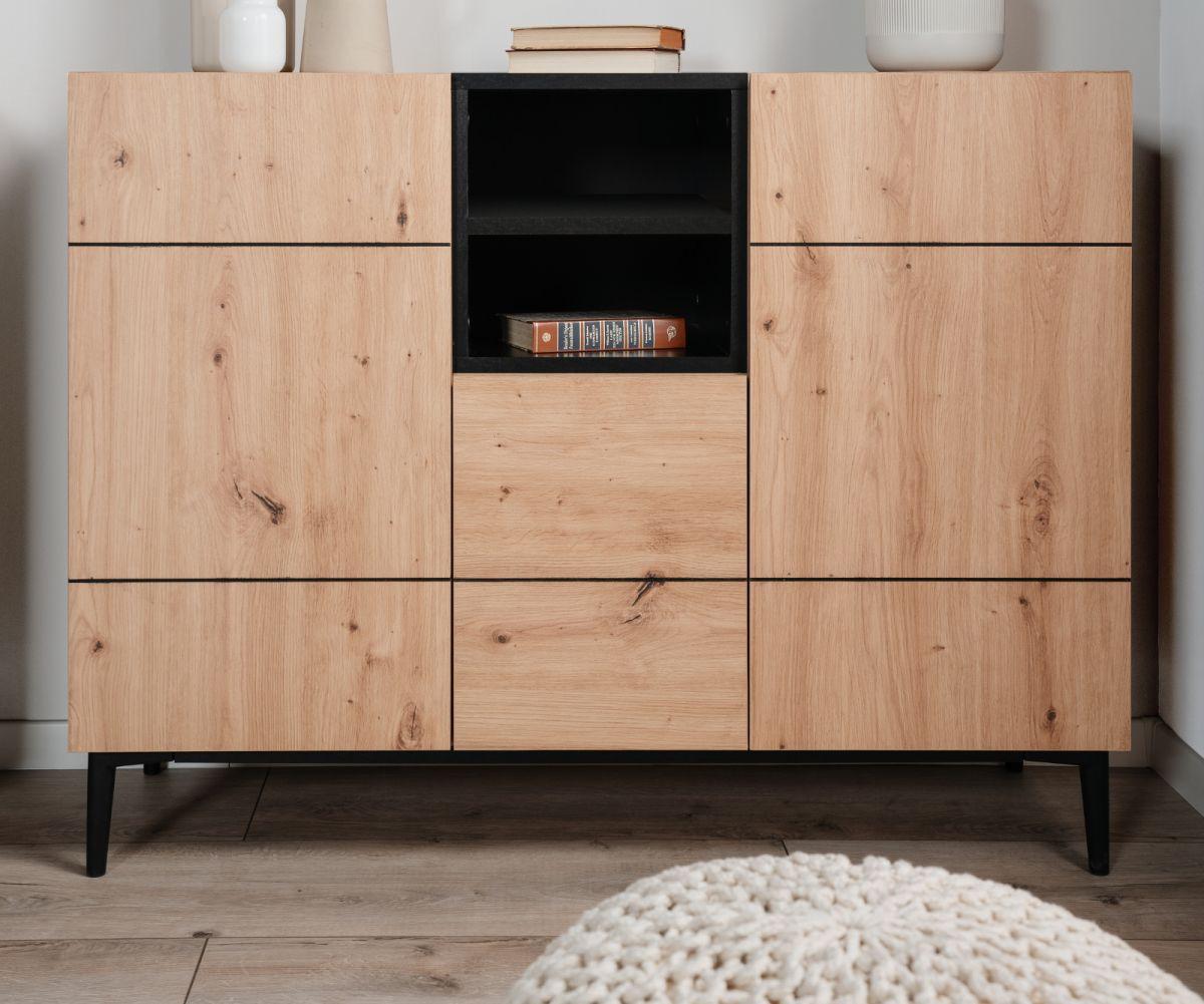 KOMMODE Eiche Artisan, schwarz 120 cm, Sideboard mit viel Stauraum - Schwarz/Eiche Artisan, Holzwerkstoff (120/90/42cm) - Furn.Design