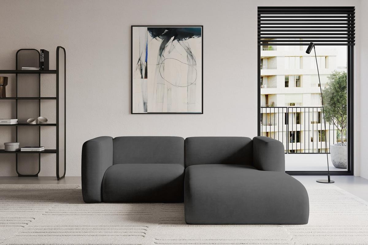 ECKSOFA Ottomane Rechts MIRA-L1 227x179x89 Dunkelgrau Velours - Dunkelgrau/Schwarz, Holzwerkstoff/Kunststoff (227/179cm) - ALTDECOR