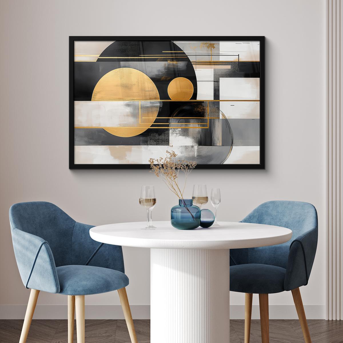 POSTER MIT RAHMENGERAHMTES BILD Abstrakt - Gold - Silber - Formen - Ästhetisch - Modern 90x60 cm - Goldfarben, Papier (90/60cm) - MuchoWow