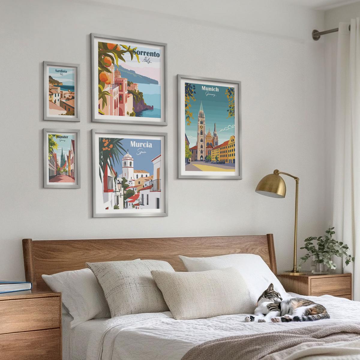 BILDER SET 5er Set - 50x50 cm & 20x30 cm & 40x60 cm Silberner Rahmen - Retro-Stadtillustrationen - Silberfarben, Kunststoff (40/60cm) - TULUP