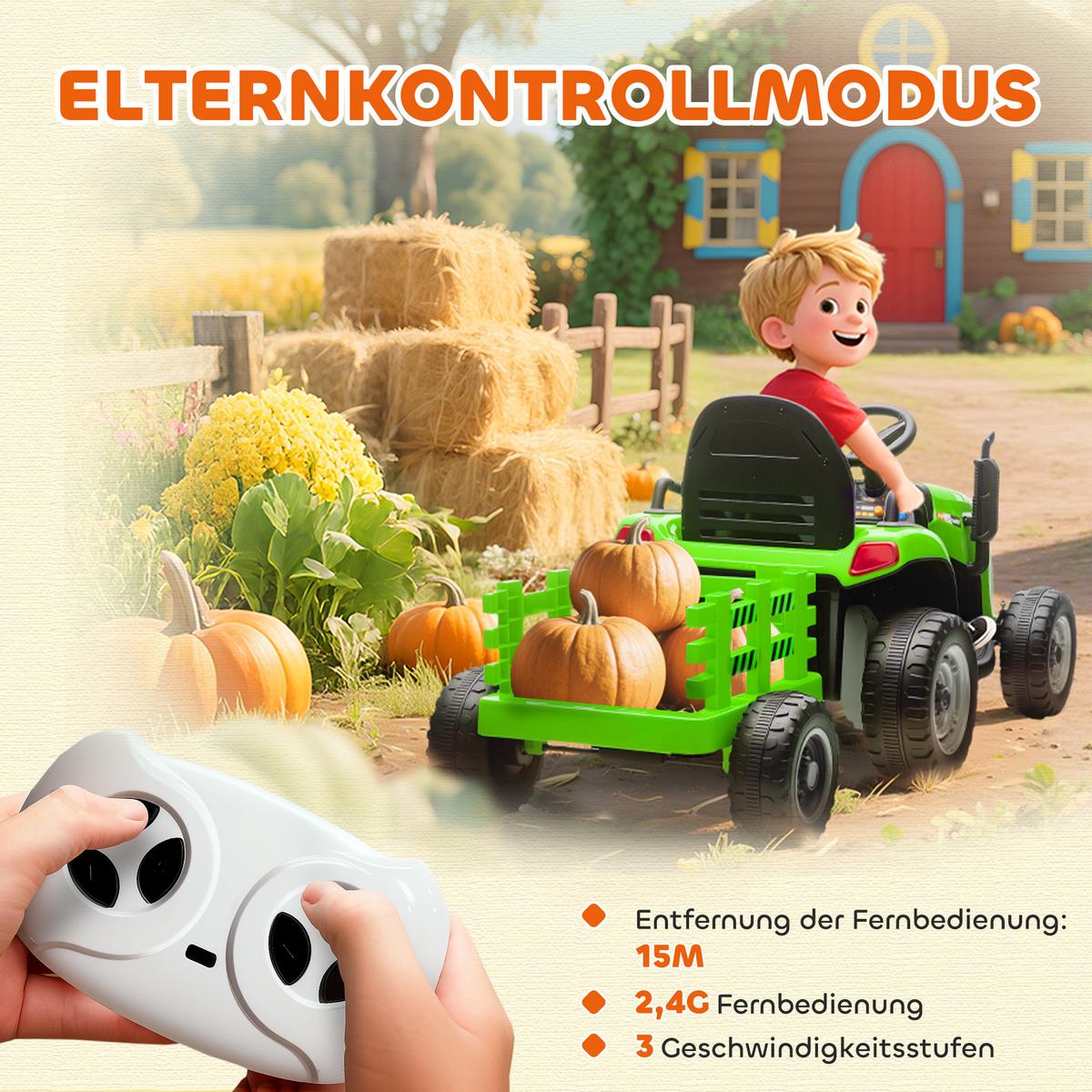 KINDER-ELEKTROTRAKTOR 3-Gang mit Anhänger, 2 Motor, für 3-8 Jahre, Grün - Grün, Metall (139/58/55cm) - AIYAPLAY