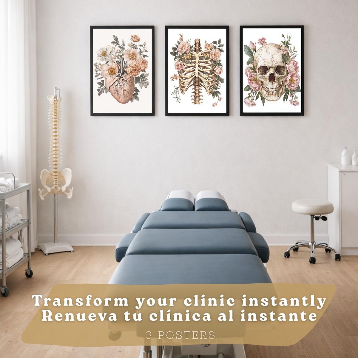 POSTER Set aus 3 Anatomie Mensch Florale Drucke und Wandbilder mit Herz Schädel und Brustkorb Weicher Vintage Stil Größe Schwarzer Rahmen A3 - Schwarz, Papier (29.7/42/3cm) - Nacnic