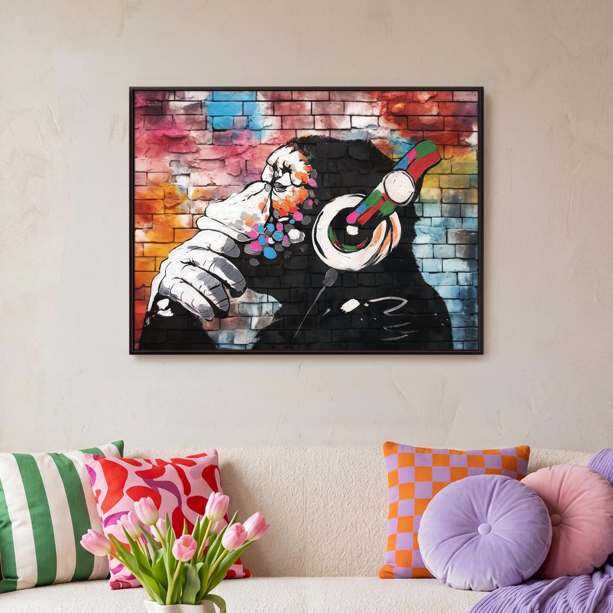 LEINWAND Bilder mit Rahmen - Affe - Graffiti - Musik - 80x60 - Multicolor, Textil (80/60cm) - MuchoWow