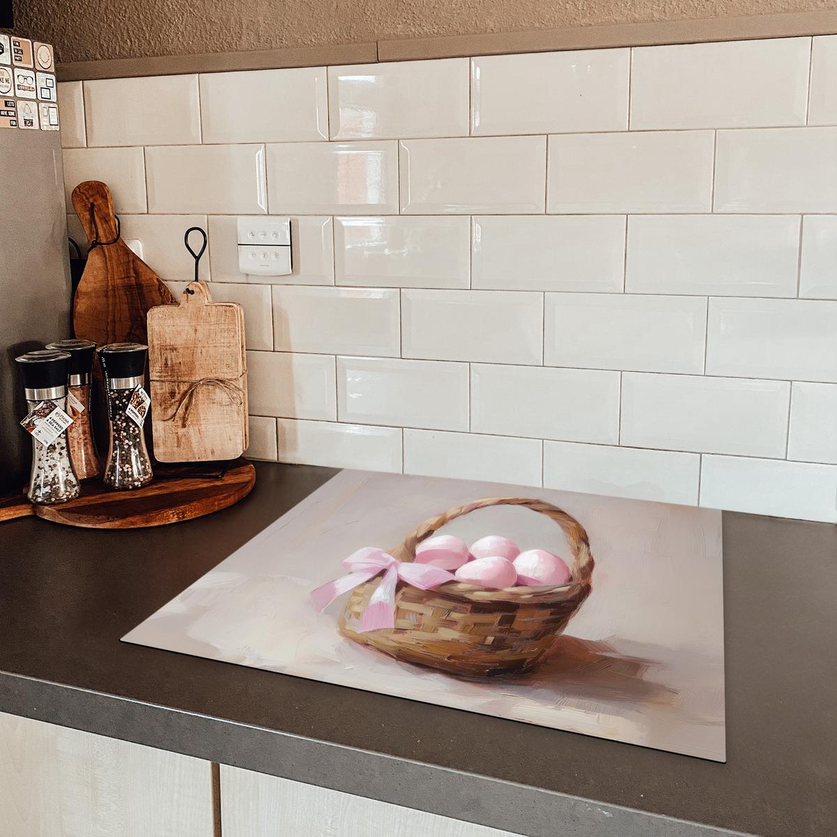 HERDABDECKPLATTE Korb - Eier - Rosa Abdeckung Ceranfeld 59x51 cm - Beige, Kunststoff (59/51/0.2cm) - MuchoWow