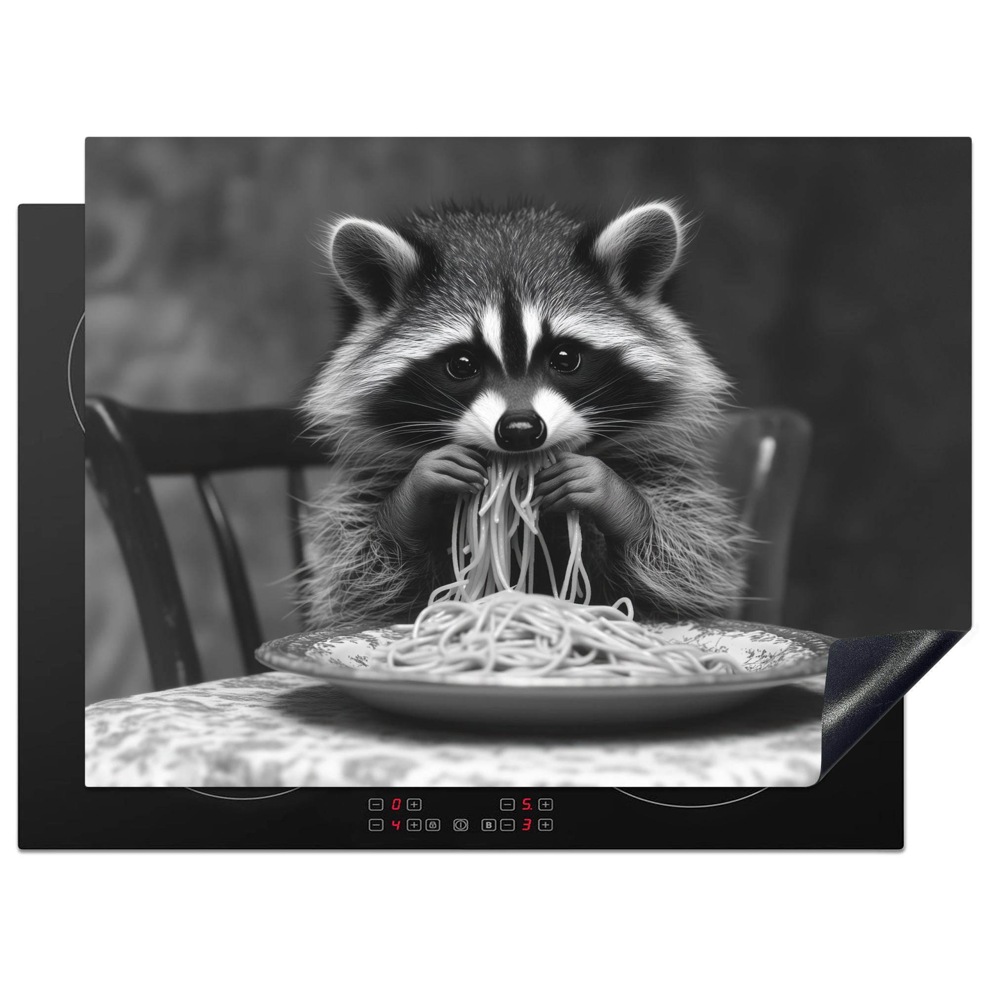 HERDABDECKPLATTE Waschbär - Niedlich - Pasta - Tischtuch - Schwarz - Weiß Herdabdeckung Induktionsfeld 70x52 cm - Grau, Kunststoff (70/52/0.2cm) - MuchoWow