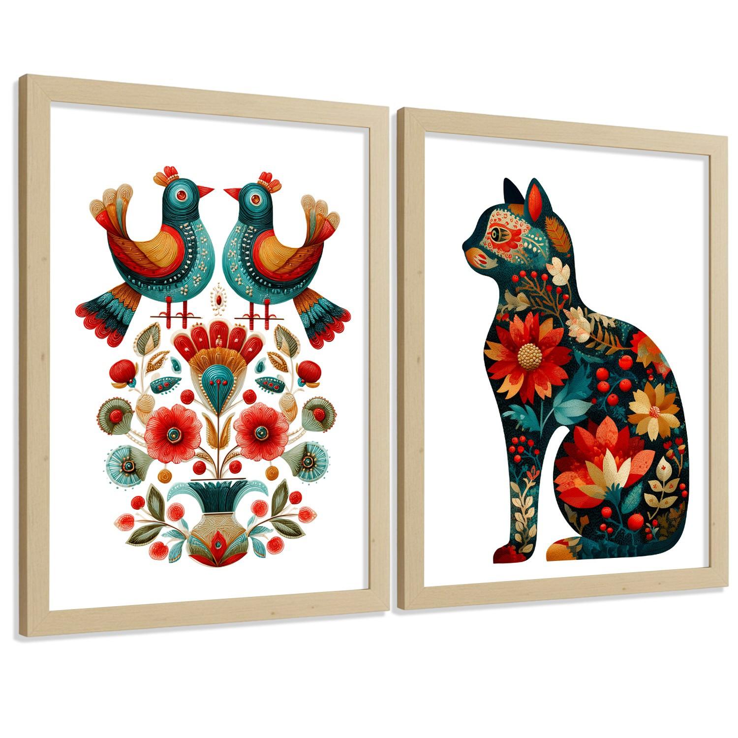 POSTER 2er-Set dekorative Badezimmer-Kunstdrucke, im Stil der Volkskunst, Toilette mit Vögeln und elegantem Blumen-Katzen Leichter Holzrahmen A3 - Beige, Papier (42/29.7/3cm) - Nacnic