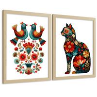 POSTER 2er-Set dekorative Badezimmer-Kunstdrucke, im Stil der Volkskunst, Toilette mit Vögeln und elegantem Blumen-Katzen Leichter Holzrahmen A3 - Beige, Papier (42/29.7/3cm) - Nacnic