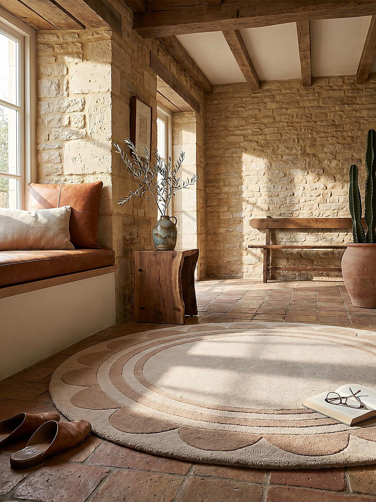 WOLLTEPPICH WENSUM, mit grafischem Muster mit Rahmen, Beige, Ø 120 cm - Beige, Textil (120/120cm) - KADIMA DESIGN