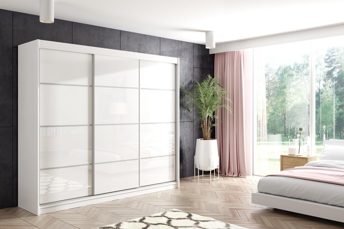 KLEIDERSCHRANK mit Lacobel-Schiebetüren und Aluminium-Leisten, LED-Beleuchtung - VIVI - 240 cm Weiß - Weiß, Holzwerkstoff (240/216/61cm) - ALTDECOR