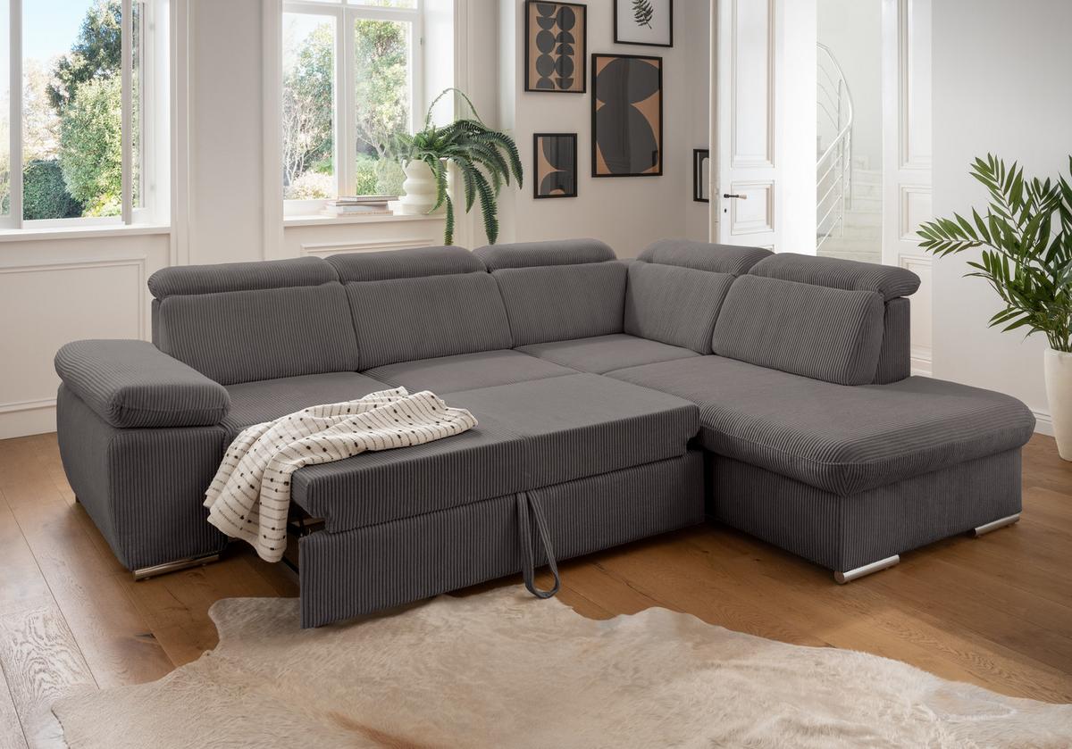 ECKSOFA mit Schlaffunktion, Bettkasten, Kopfstützen verstellbar, Wellenunterfederung, Ottomane rechts B283/T228/H102 cm, Cord Dunkelgrau / 17217 - Chromfarben/Dunkelgrau, Textil/Metall (283/228cm) - luma-home