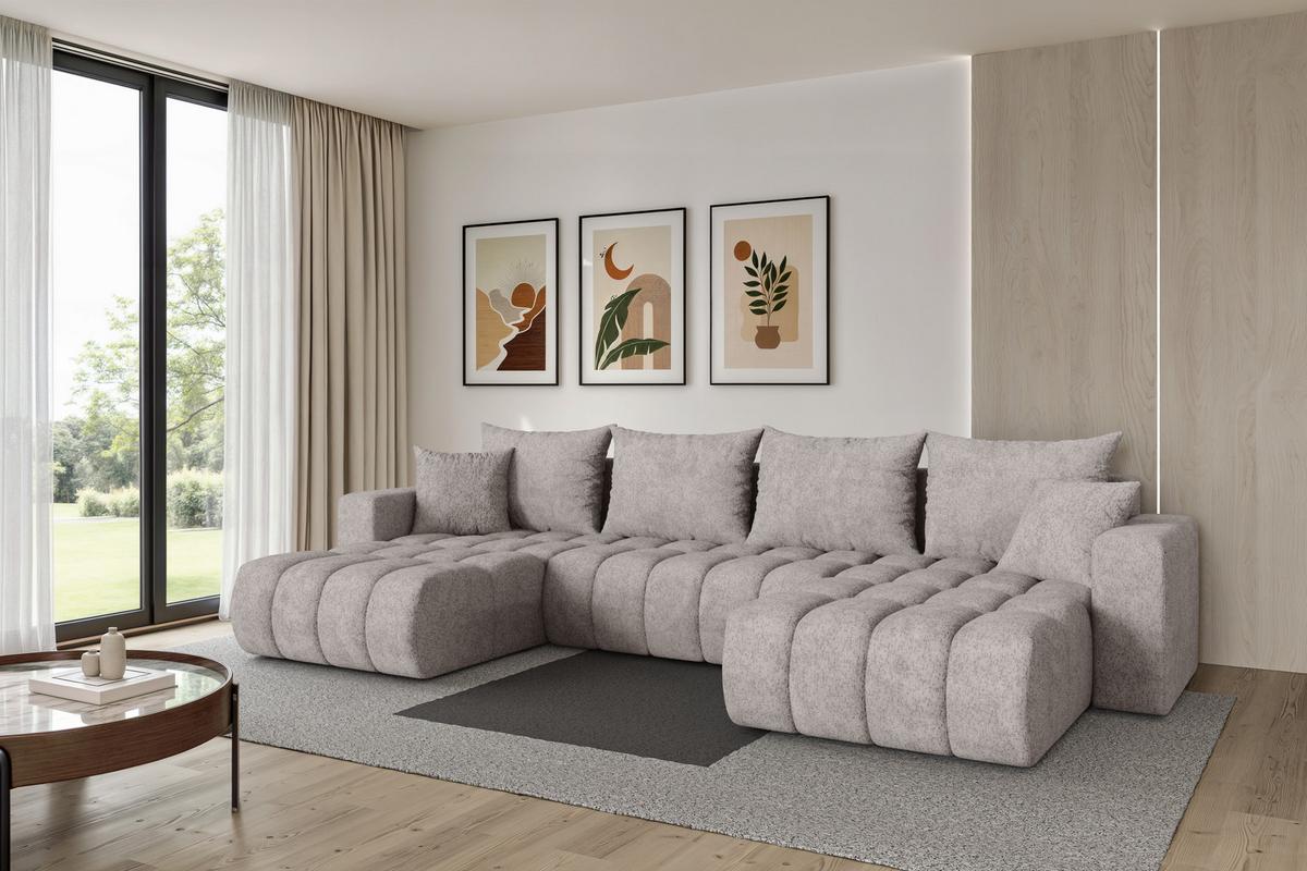 WOHNLANDSCHAFT mit Schlaffunktion und Bettkasten MILA-U-v1 378x194x86 Hellgrau Velours - Hellgrau/Schwarz, Holzwerkstoff/Kunststoff (378/86/194cm) - ALTDECOR