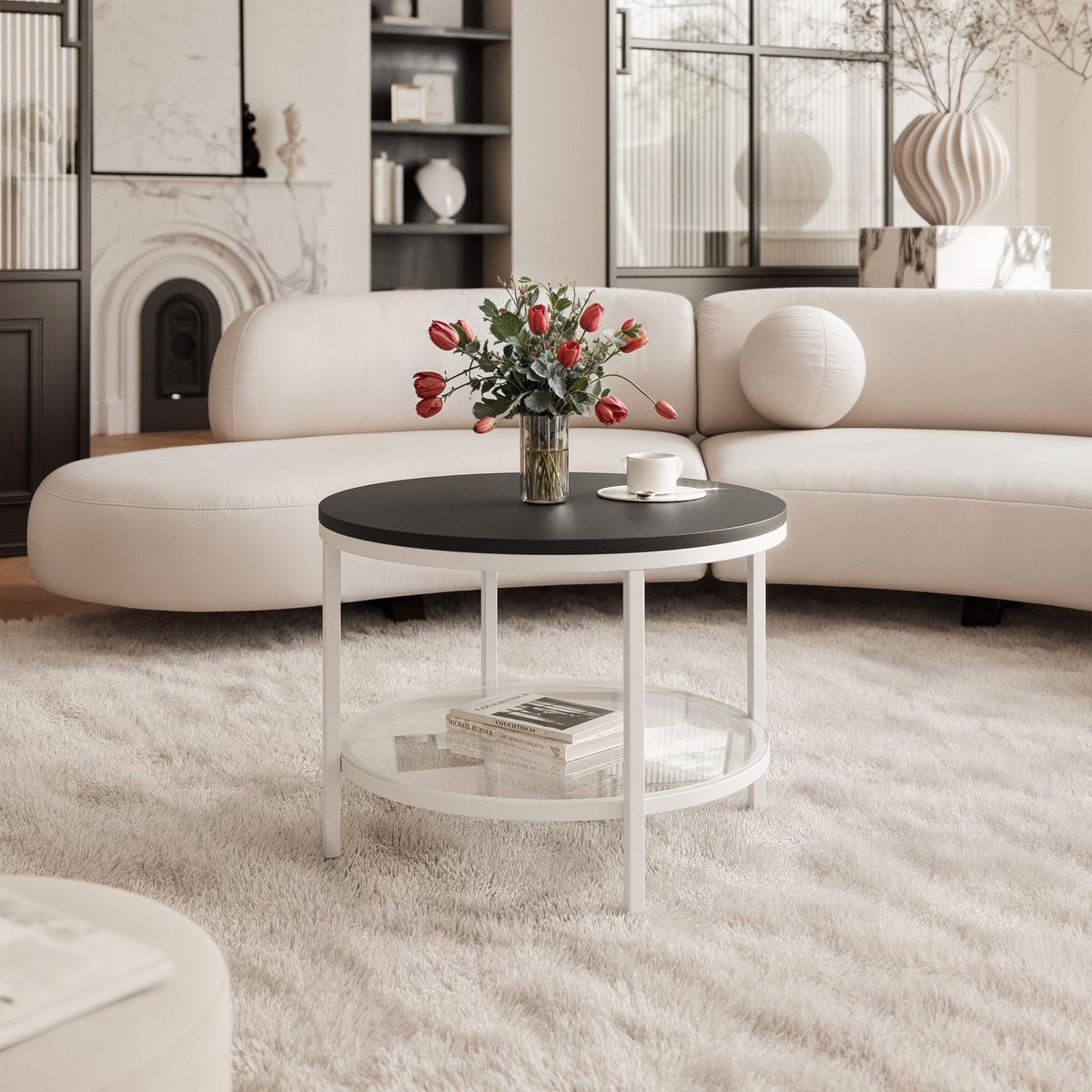 COUCHTISCH CANDY 60/42 cm runden, Weiß / Schwarz matt - Schwarz/Weiß, Glas/Metall (60/60/42cm) - Idohome