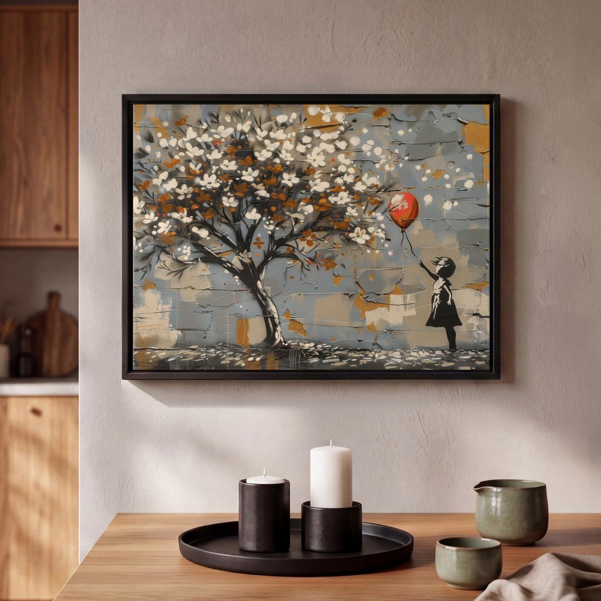 LEINWAND Bilder mit Rahmen - Baum - Graffiti - Banksy-Stil - Ballon-Mädchen - 40x30 - Blaugrau, Textil (40/30cm) - MuchoWow