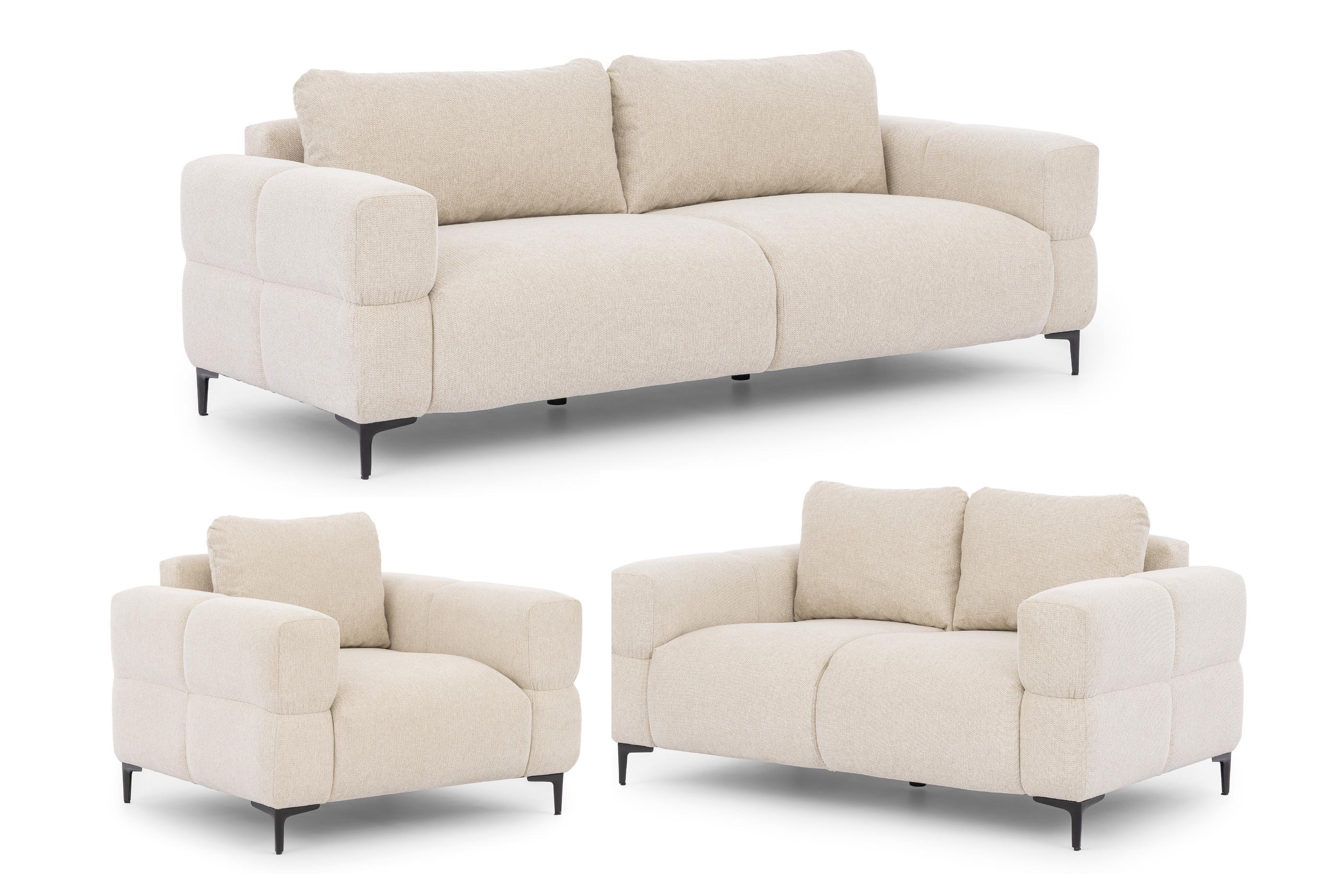SITZGARNITUR 3+2+1 Cardea in Bubble-Optik aus weichem Hellbeige Strukturstoff mit hohem Sitzkomfort - Beige/Schwarz, Holz/Textil (217/80/97cm) - S-Style Möbel