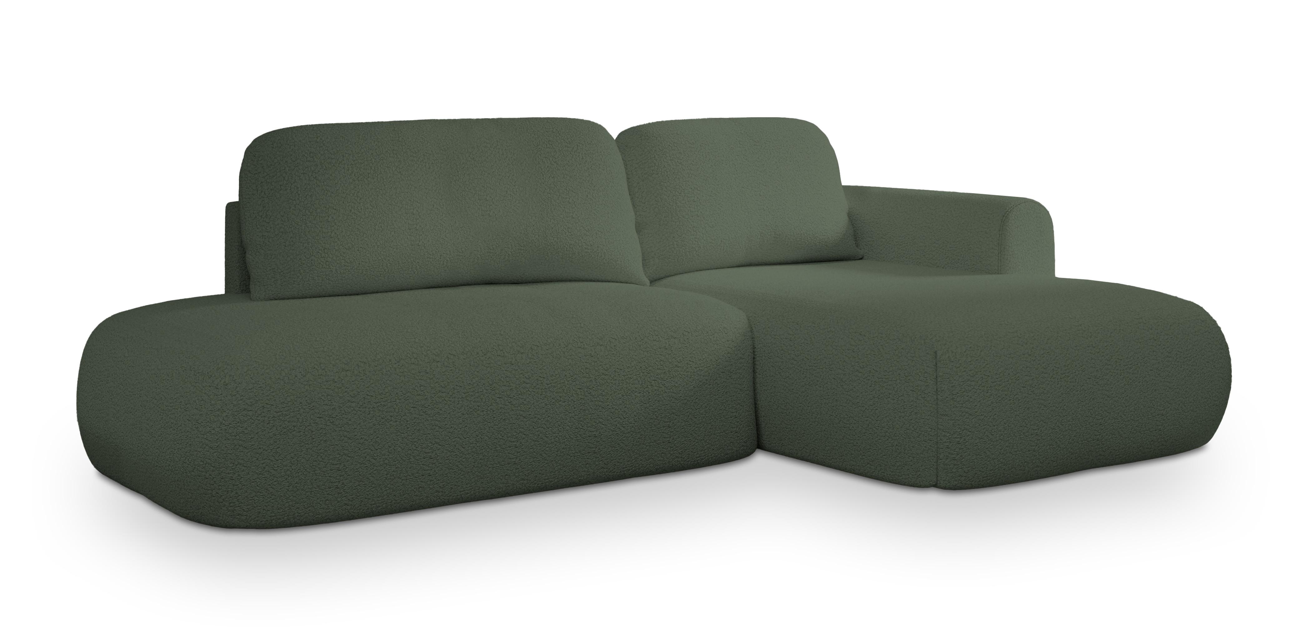 ECKSOFA NUVIRA R-S Grün Boucle-Stoff mit Schlaffunktion - Grün, Holz (279/158cm) - MASSENO