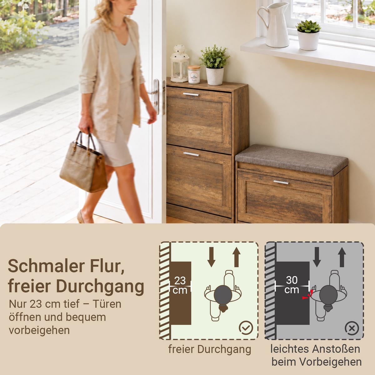 SCHUHSCHRANK Braun, 23 cm tief, 79 cm hoch, 2 Klappen, Einlegeboden verstellbar, ca. 8 Paar Schuhe, für Flur und Diele - Braun/Weiß, Holzwerkstoff/Metall (60/79/23cm) - SoBuy