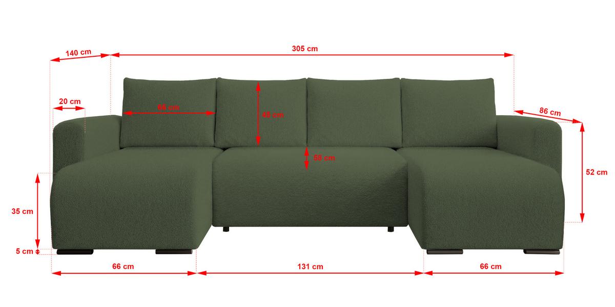 WOHNLANDSCHAFT DORA U mit Bettkasten und Schlaffunktion, U-Form, bequem - Grün, Textil (305/85/140cm) - Storez24