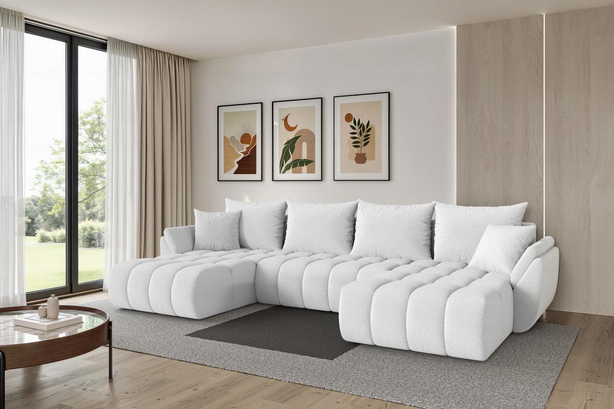 WOHNLANDSCHAFT mit Schlaffunktion und Bettkasten TOKO-U-v1 378x194x86 Weiß Bouclé - Schwarz/Weiß, Holzwerkstoff/Kunststoff (378/86/194cm) - ALTDECOR