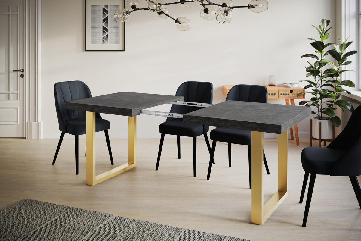 INDUSTRIELLER Esszimmertisch LOFT-U, ausziehbarer Tisch, Größe: 120-220X80X77 cm, Wohnzimmertisch Farbe: Dunkelgrau, mit Metallbeinen in Farbe Gold - Dunkelgrau/Goldfarben, Holzwerkstoff (120/80/77cm) - Alpi-Möbel