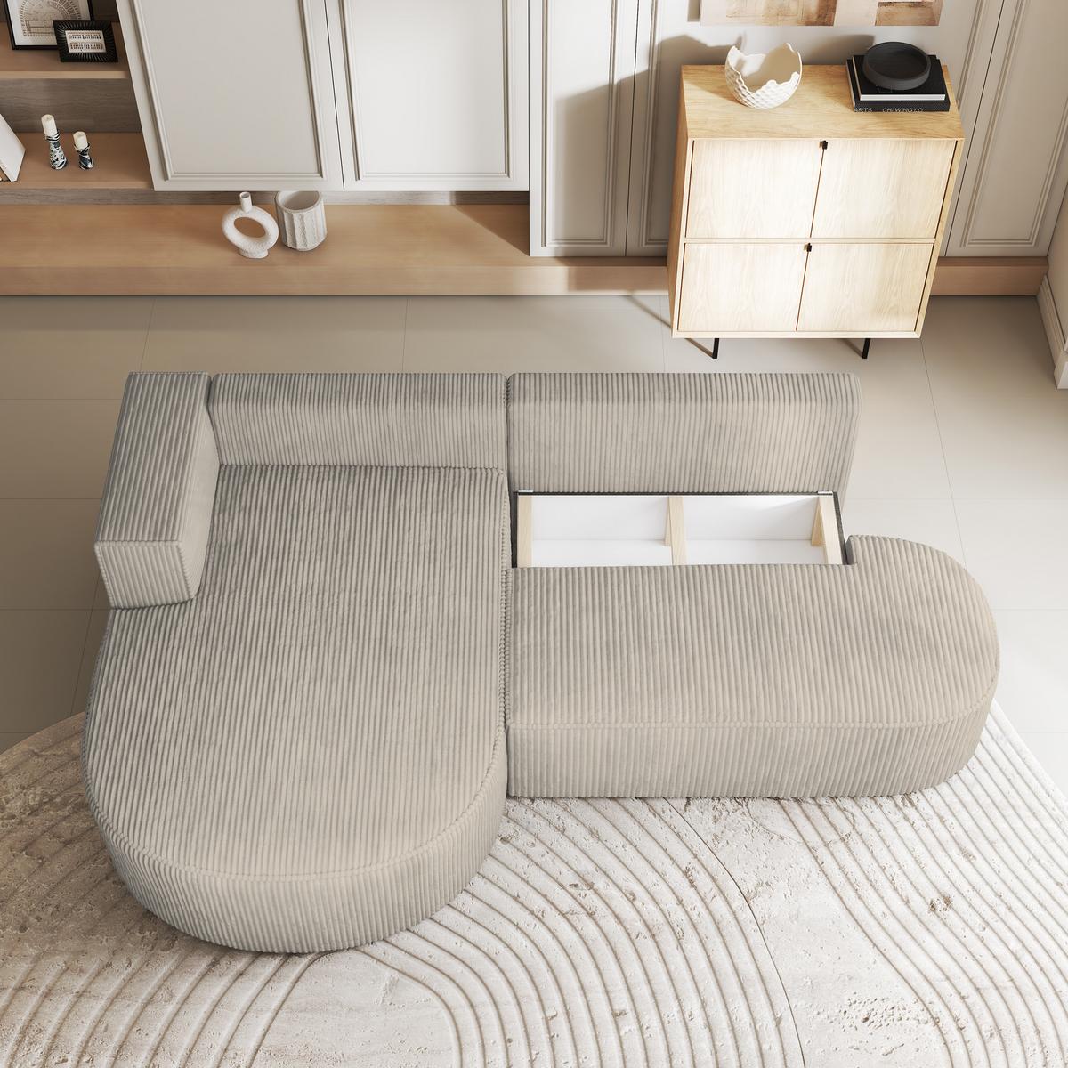 ECKSOFA CORTIO P L-S Creme Kordstoff mit Schlaffunktion - Creme, Holz (265/174cm) - MASSENO