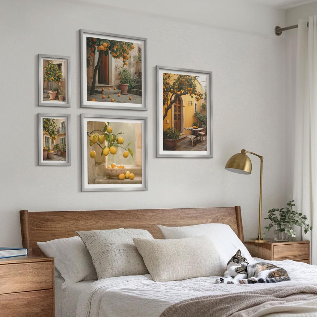 BILDER SET 5er Set - 50x50 cm & 20x30 cm & 40x60 cm Silberner Rahmen - Terrasse mit Zitrusbäumen - Silberfarben, Kunststoff (40/60cm) - TULUP
