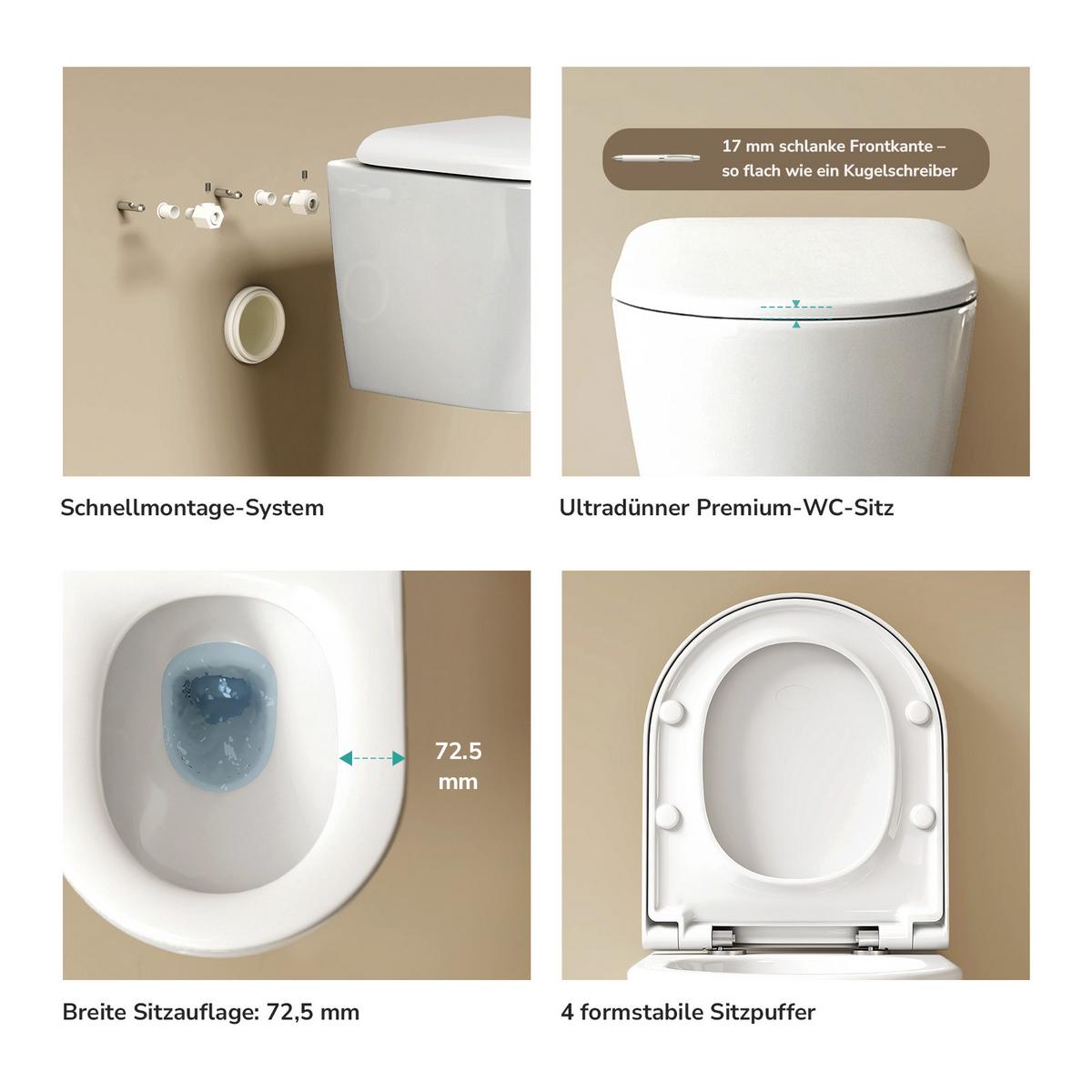 WAND-WC Set ohne Spülrand 49 x 37 cm inkl. WC-Sitz mit Absenkautomatik weiß glänzend - Weiß, Keramik (37/36/49cm) - EMKE