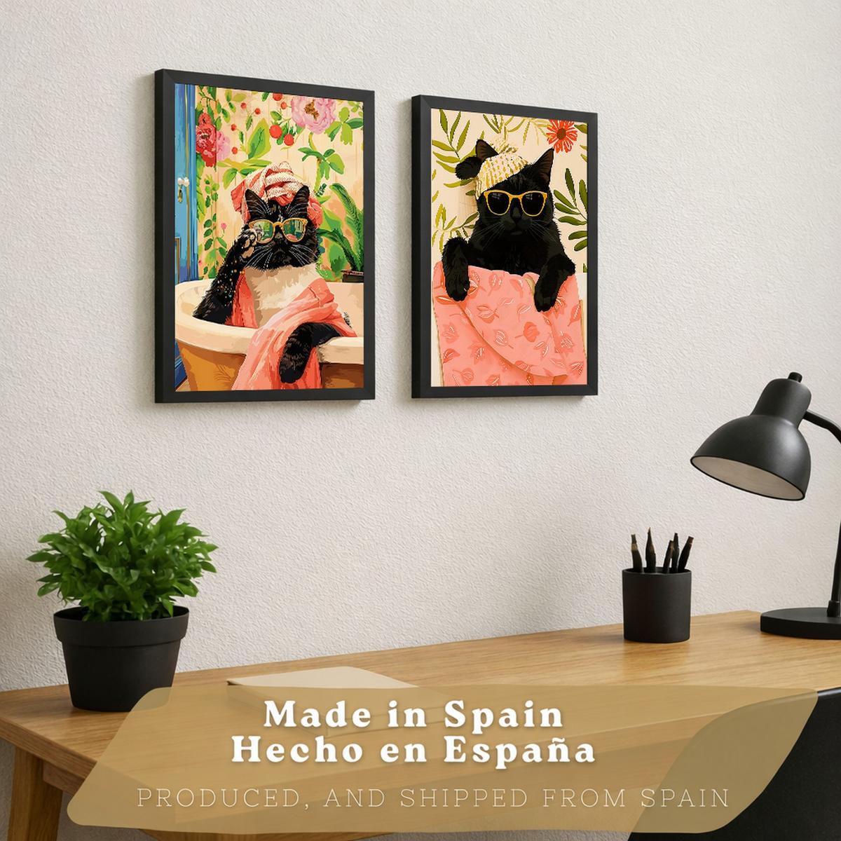 POSTER 2er Kunstdruck-Set Wandbilder Katzen Badezimmer modern Wohnzimmer Deko, Schlafzimmer, Küche Schwarzer Rahmen A4 - Schwarz, Papier (29.7/1/21cm) - Nacnic