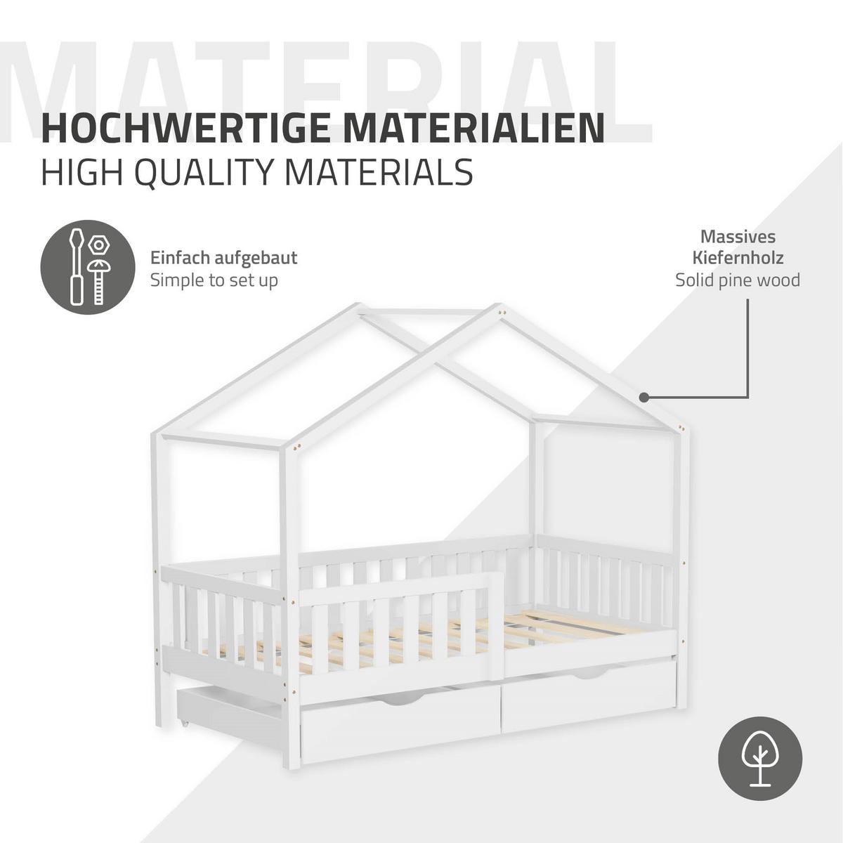 HAUSBETT 80x160 cm Weiß aus Kiefernholz mit 2 Schubladen und Rausfallschutz - Weiß, Holz (80/160cm) - ML-DESIGN