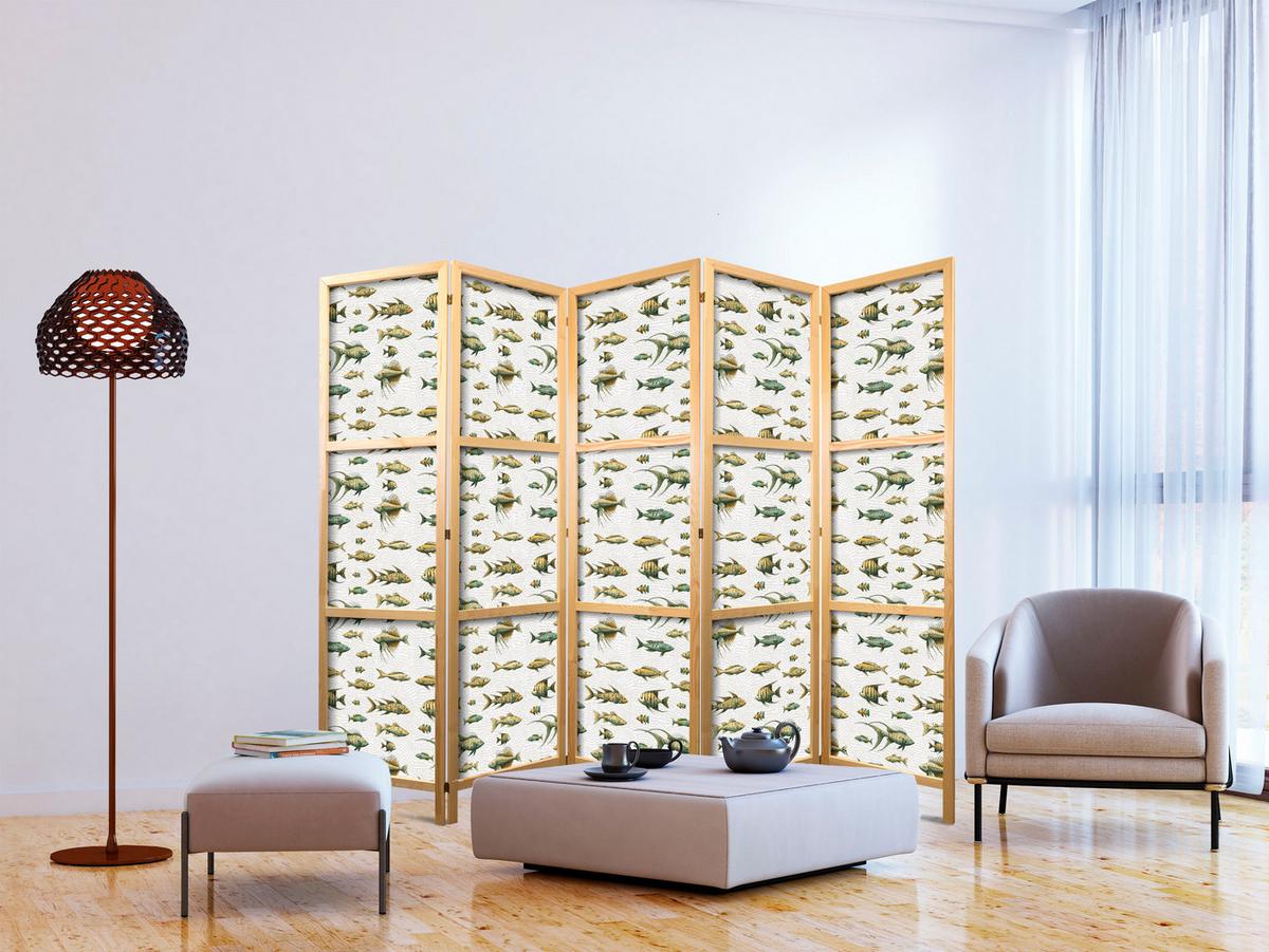 PARAVENT Japanischer 5-tlg 225x172 cm Bunte Fische - Grün, Holz/Textil (225/172/3cm) - Muralo