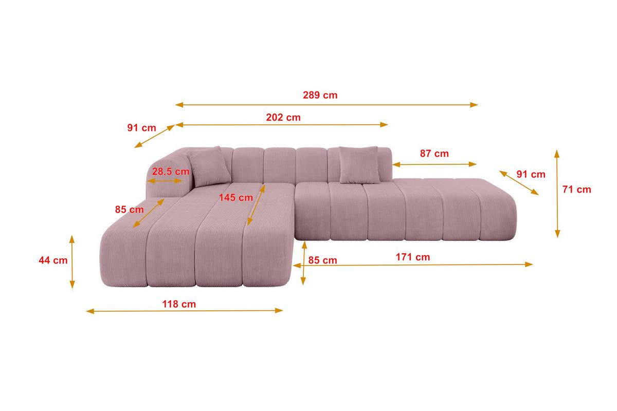 ECKSOFA Ottomane Links BILA-L 289x176x71 Rosa Cord - Schwarz/Rosa, Holzwerkstoff/Kunststoff (176/289cm) - ALTDECOR
