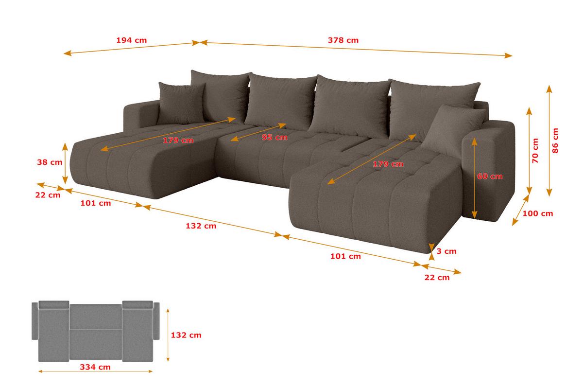 WOHNLANDSCHAFT mit Schlaffunktion und Bettkasten MILA-U 378x194x86 Braun Bouclé - Schwarz/Braun, Holzwerkstoff/Kunststoff (378/86/194cm) - ALTDECOR