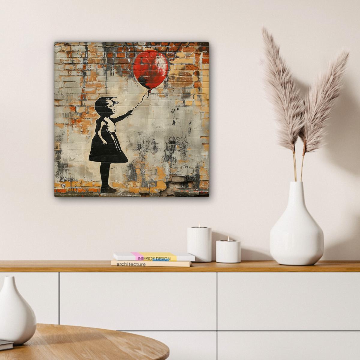 LEINWANDBILD Graffiti - Banksy - Mädchen - Straßenkunst Wandbild Wohnzimmer 50x50 cm - Sandfarben, Textil (50/50cm) - MuchoWow
