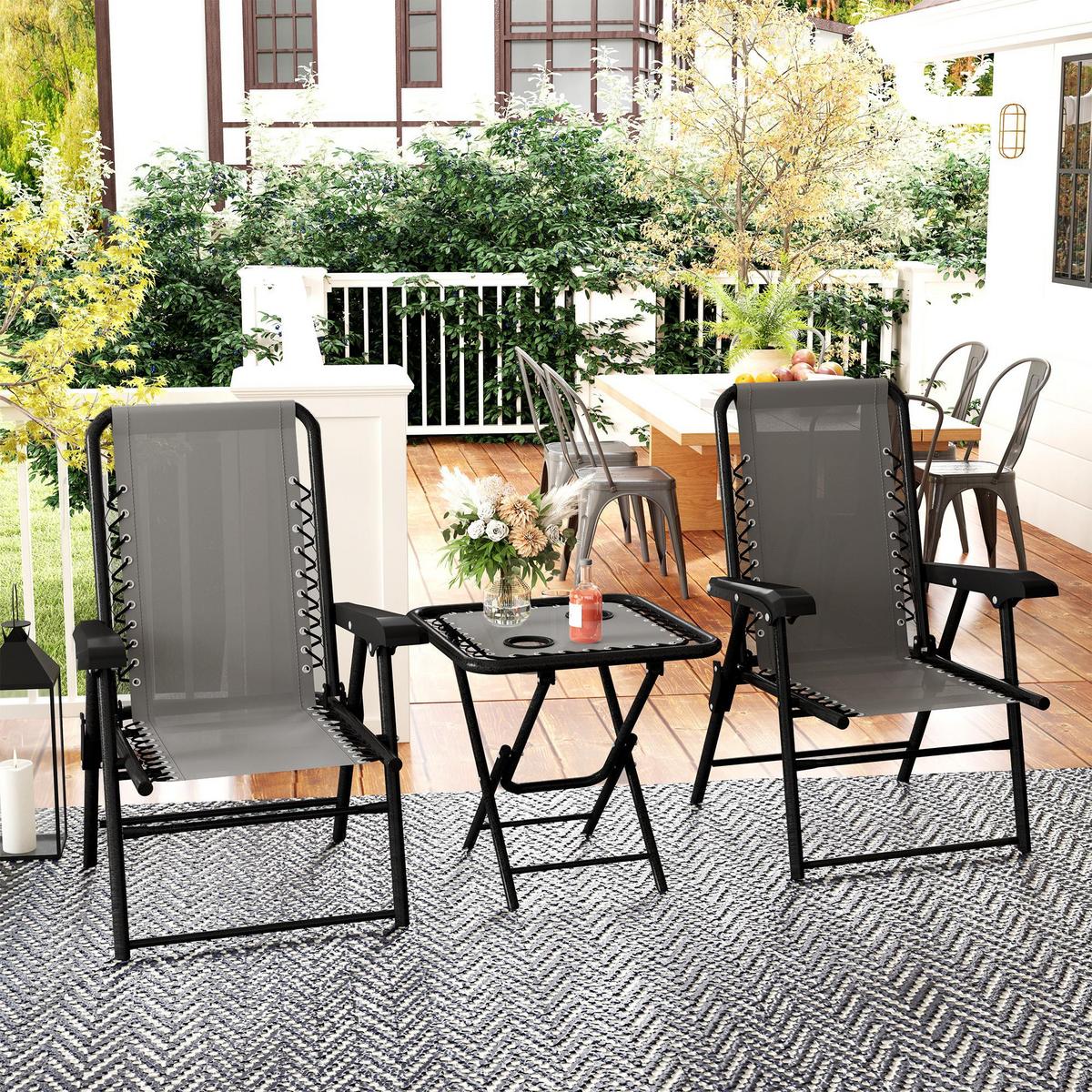 GARTENMÖBEL-SET 3 TLG. Dunkelgrau mit Becherhalter - Dunkelgrau, Metall - Outsunny