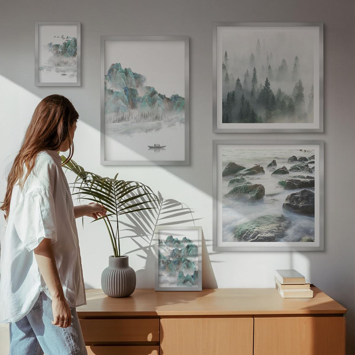 BILDER SET 5er Set - 50x50 cm & 20x30 cm & 40x60 cm Silberner Rahmen - Sommerwiesenblumen Sonnenuntergang - Silberfarben, Kunststoff (40/60cm) - TULUP