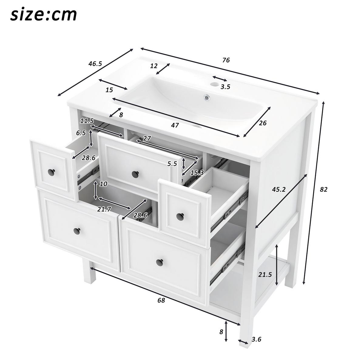 WASCHTISCH Freistehend Weiß mit Keramikbecken, 5 Schubladen & Ablage - Weiß, Holzwerkstoff (76/82/46.5cm) - Urban Meuble