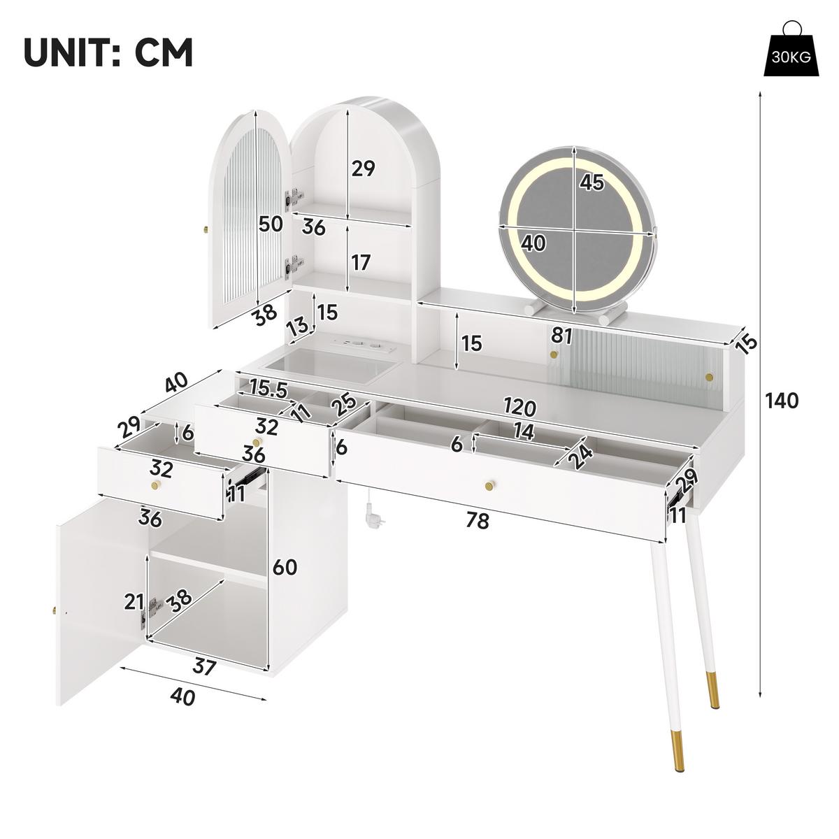 SCHMINKTISCH Weiß mit LED-Spiegel, Ladestation & Glasplatte - Weiß, Holzwerkstoff (140/140/40cm) - Urban Meuble