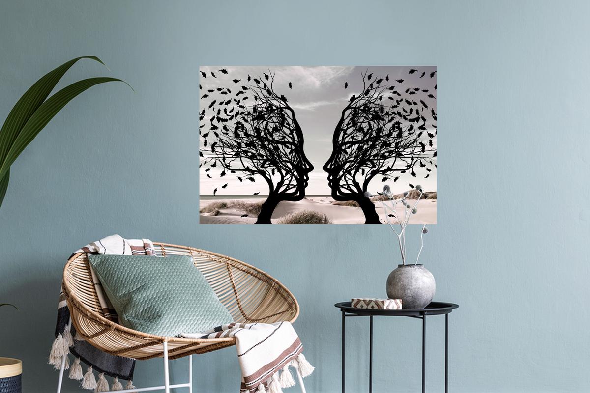 WANDTATTOO Strand - Meer - Menschen - Baum - Moderne Kunst Deko Wohnzimmer 60x40 cm - Hellgrau, Kunststoff (60/40/0.1cm) - MuchoWow